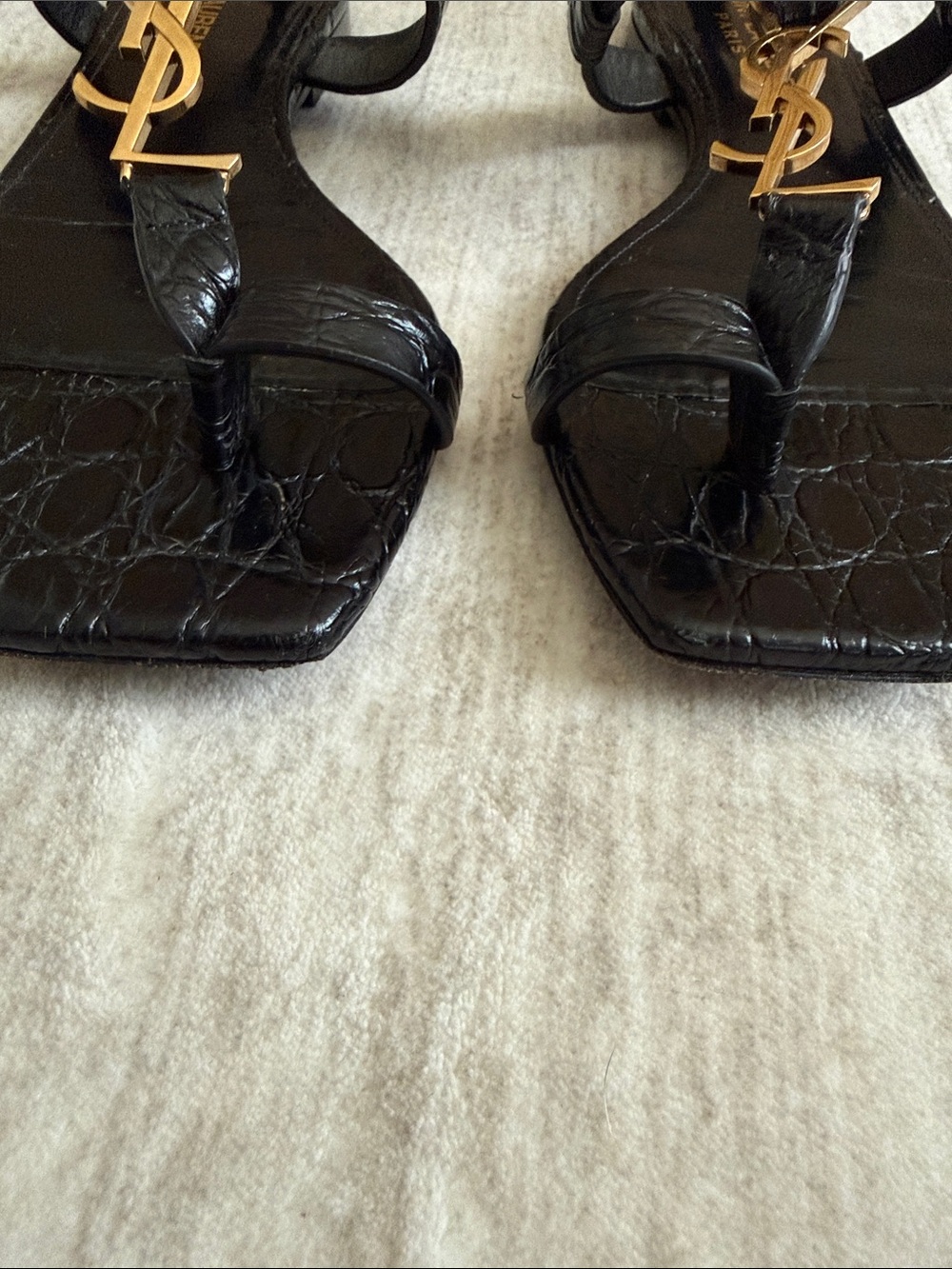 Saint Laurent Black Croc-Embossed Leather Sandals with Gold YSL Accent Sz 36 - Picture 5 of 6
